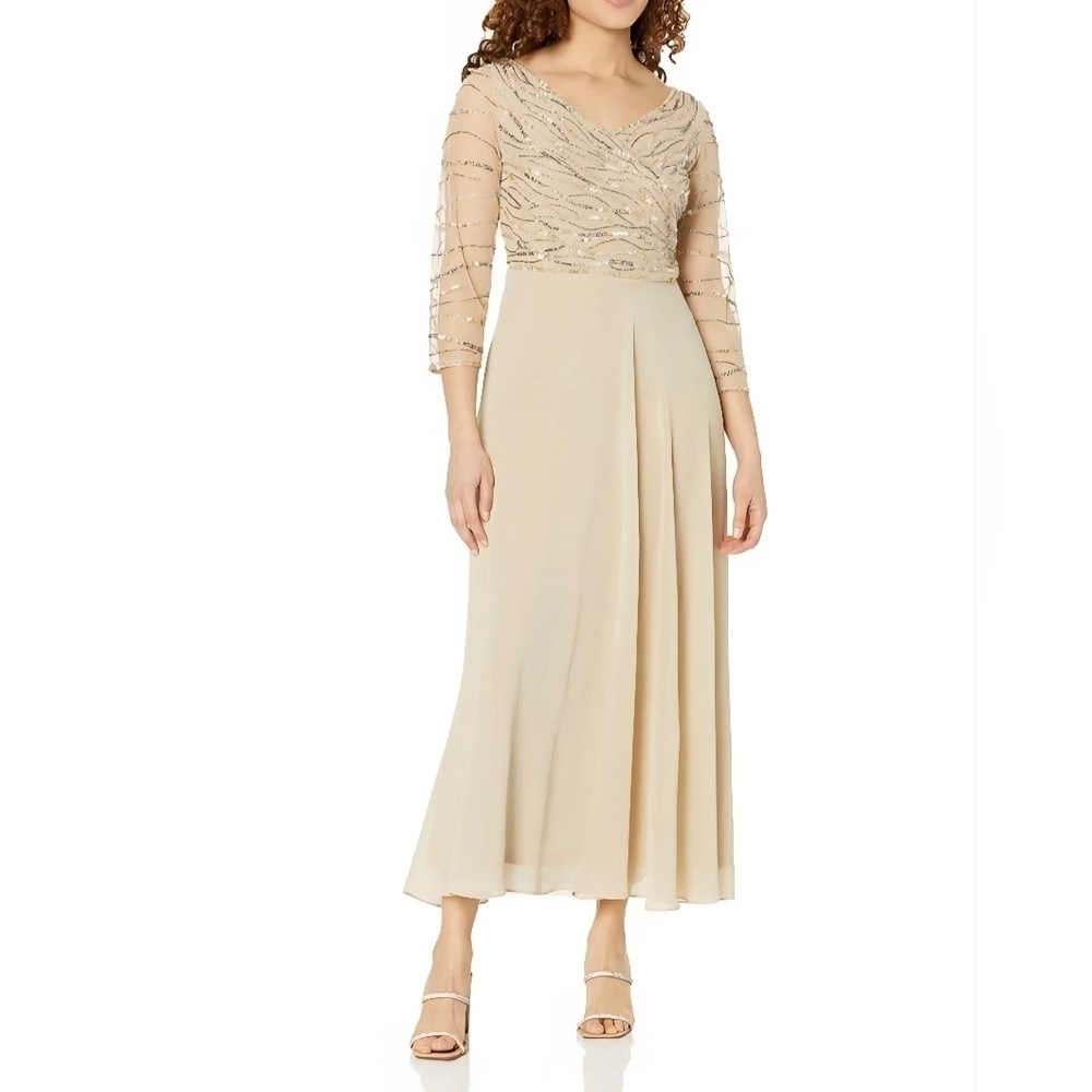 J Kara Women's 3/4 Sleeve Beaded Bodice Pop Over Long Dress #1045